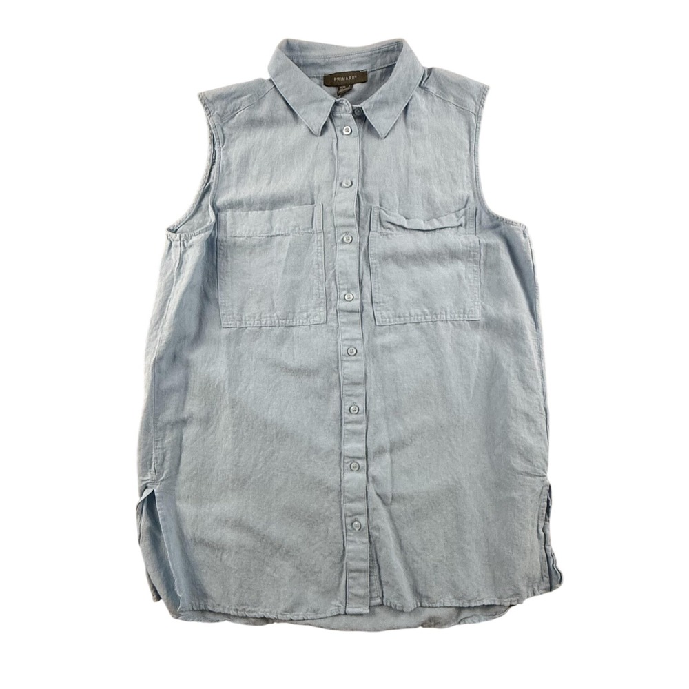 Primark Sleeveless Shirt Women 2 Light Blue‎ Linen Blend Button Down Chambray